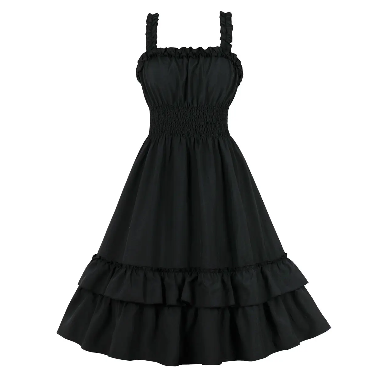 Korean Princess Black Sexy Girl Steampunk Gothic Y2K Party Dress Women High Waist Spaghetti Straps Ruffles Swing Dress SR519