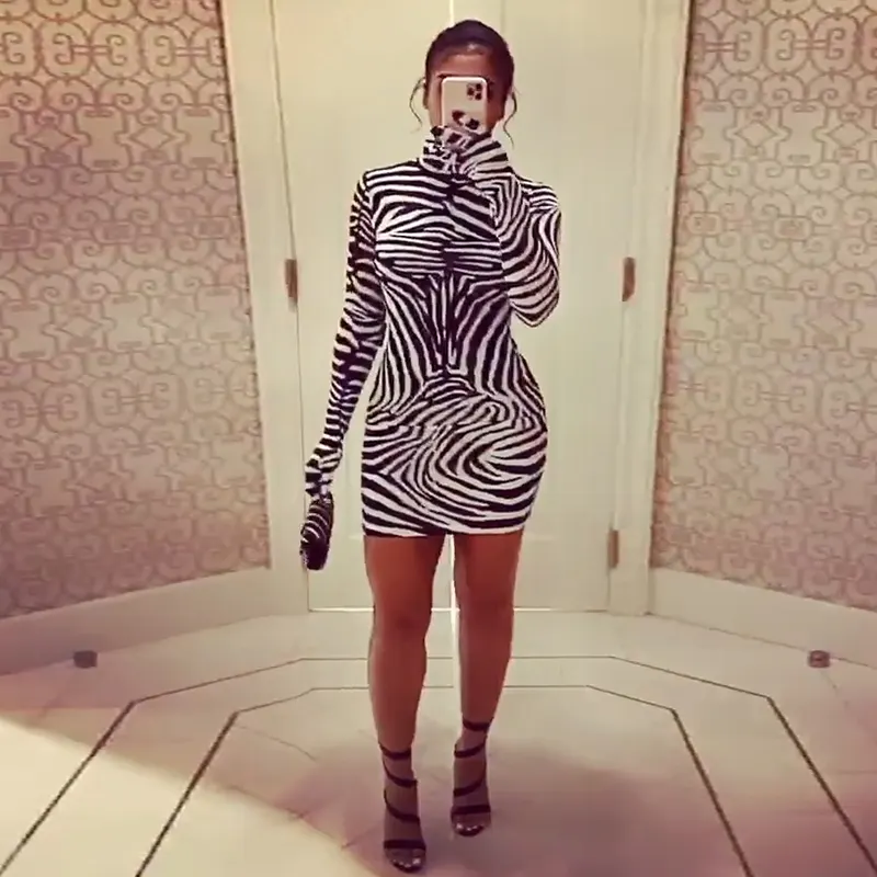Hot sale dinner gown evening fringe Bodycon Mini Sexy Club Tight Dress Party Zebra Printed Dresses