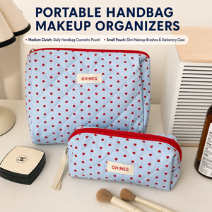 Trousse de Maquillage de Voyage Matelassée en Coton Cœur Bleu Rouge Personnalisée, Ensemble de 3 Pièces, Valise de Toilette, Pochette Organisateur avec Poignée Melody pour Femme - Product Image 3