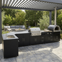 Nouvelle conception de cuisine extérieure en acier inoxydable anti-moisissure, texture métallique, cuisine de jardin modulaire avec évier et robinet