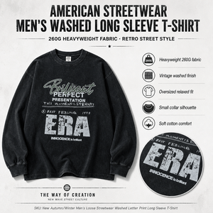 260G Heavyweight Cotton Long Sleeve T-Shirt <b>Men</b> Vintage Washed Graphic Print Loose Streetwear Tee Custom OEM Supplier Top - Product Image 5