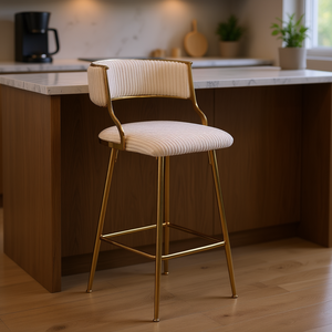 Taburete de Bar de 26'' de Altura para Barra, Tapizado en Corduroy, Base Cromada Dorada, Respaldo, Diseño Moderno y Contemporáneo para Isla de Cocina - Product Image 2