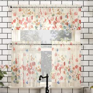 Ensemble de rideaux de cuisine semi-transparents à motif floral botanique pissenlit, <span class=keywords><strong>3</strong></span> pièces, à passe-tringle, 2 niveaux, 100 % polyester, pour fenêtre en <span class=keywords><strong>baie</strong></span> - Product Image 1