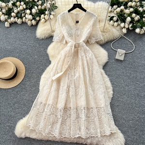 Vestido Elegante de Verano para Mujer, de Alta Gama, con Cuello Peter Pan de Encaje, Manga Corta, Cintura Ajustada y Bordado - Product Image 3