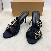 Nouvelles sandales mules de soirée de luxe pour femmes à talons aiguilles super hauts, broderie florale dorée, bout ouvert, style été