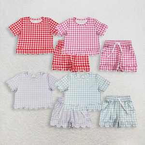 New Design Casual Eco-Friendly Colorful <b>Checked</b> Scallop Short Sleeve <b>Pajamas</b> with Pockets - Product Image 1