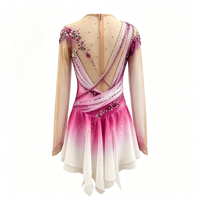 Costume de patinage artistique à manches longues pour enfants et adultes, robe en maille dégradée rose et blanc avec strass pour spectacle sur glace et compétition