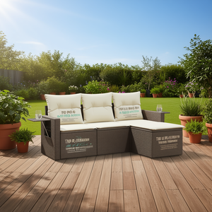 Ensemble de canapé de jardin en rotin brun et blanc crème, acier thermolaqué, mobilier d'extérieur, canapé de patio moderne 3 places avec coussins - Product Image 2