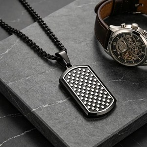 Collar con Colgante Cuadrado con Patrón de Tablero de Ajedrez Geométrico, Acero Inoxidable Pulido, Joyería para Uso Diario Masculino - Product Image 4