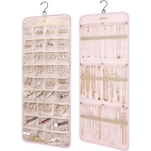 Hanging Jewelry Organizer Pink Double-Sided Storage Roll for Earrings Necklaces Bracelets Rings Watches - Product Image 1