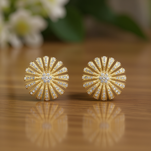 Orecchini a perno con fiore dorato e zirconi rotondi incastonati a pavé per donna, gioielli alla moda per feste, in lega placcata oro 18K - Product Image 2