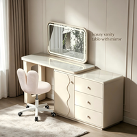 Ensemble de coiffeuse minimaliste avec miroir LED 3 couleurs, plateau extensible et chaise roulante pour chambre à coucher