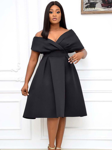 Nouvelle <span class=keywords><strong>robe</strong></span> élégante pour femmes, manches courtes, col en V, sexy, satinée, unie, grande taille, ceinture, épaule, <span class=keywords><strong>robe</strong></span> élégante, style A, grande ampleur, décontractée - Product Image 1
