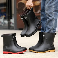 Sepatu Bot Hujan Pria Setengah Betis, Hitam Tebal Bergaya, Sol Merah, Anti Air, Anti Selip, Bagian Atas Berbahan Mesh, Lapisan Bulu Buatan