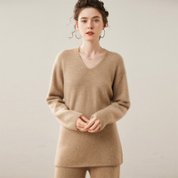 Ensemble de vêtements en cachemire de haute qualité pour femmes, décontracté, hiver, 2 pièces, uni, anti-boulochage, respirant, pull à manches longues, col en V, pantalon