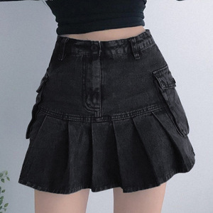 Jeans Mini <span class=keywords><strong>falda</strong></span> Goth Denim Faldas plisadas con bolsillos grandes Mujer Chica Verano Punk Y2K Negro Faldas Cintura alta Moda coreana - Product Image 2