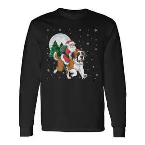 Camiseta navideña de manga larga con diseño de Papá Noel montando a un perro Saint Bernard - Product Image 1