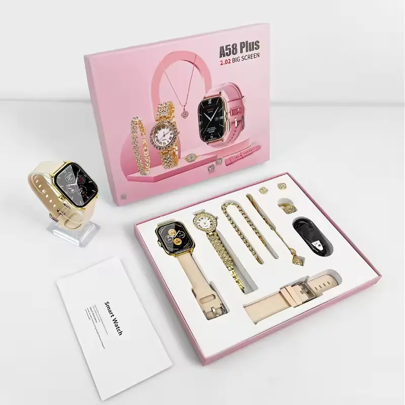 Factory Wholesale A58 Plus Smart Watch Suits Delicate Luxury Gold Bracelet with Diamond Sport Smartwatch 6 in 1 Set Gift Box