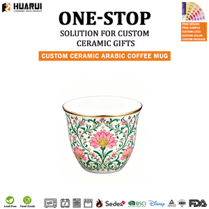 Ensemble de tasses à café en céramique de luxe au design moderne du Moyen-Orient et de style arabe tasse Qahwa florale tasse <span class=keywords><strong>Kawa</strong></span> en porcelaine avec bord doré - Product Image 5
