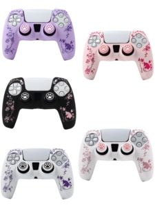 Coque en silicone motif chat et fleurs de cerisier avec capuchons de joysticks pour manette <span class=keywords><strong>PlayStation</strong></span> 5, impression par transfert d'eau - Product Image 1