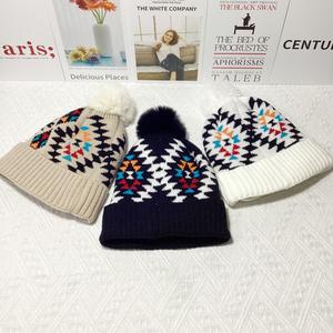 <span class=keywords><strong>Bonnet</strong></span> en acrylique pour femme, losange, motif jacquard, diamant, manchette et <span class=keywords><strong>pompon</strong></span> pour voyage et plage - Product Image 2