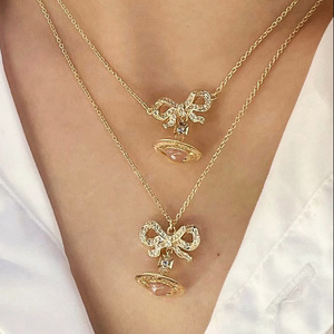 Collar de cadena de eslabones de plata para mujer Empress Dowager Advanced, con lazo de diamantes completos, cuentas de circonita chapadas en oro y diseño de Saturno - Product Image 4