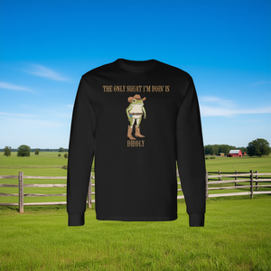 T-shirt à manches longues unisexe à col rond pour adulte avec impression numérique « The Only Squat I'm Doin' Is Diddly Frog Meme » - Product Image 3