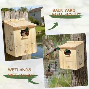 Casa de patos de madera para exteriores, nido grande para patos, nido para patos junto al lago, comedero para patos, comedero y observador de mascotas de madera maciza - Product Image 1