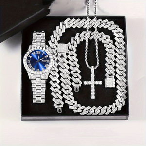 Ensemble de montres et bijoux de luxe pour hommes, 4 pièces, montre calendrier hip-hop avec strass pour hommes, 2 colliers, bracelet en alliage, cadeau - Product Image 1