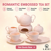Service à thé romantique en céramique gaufrée avec base chauffante, théière en porcelaine rose, sucrier et crémier pour le thé de l'après-midi – Idéal comme cadeau
