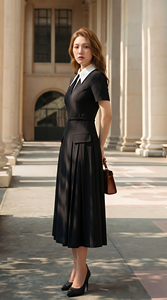 Robe de bureau noire pour femme, prête à être expédiée, avec col contrastant blanc, jupe plissée et ceinture, tenue formelle, prix usine - Product Image 4