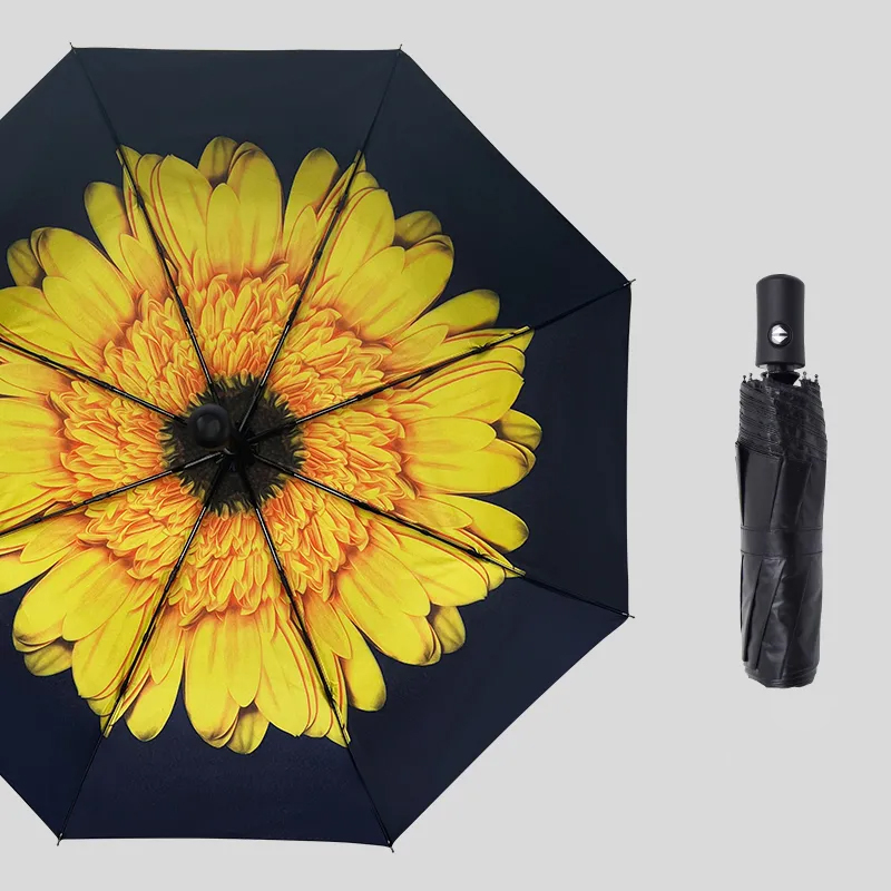 Portable Custom Pattern 3 Folding Umbrella Outside Sunscreen Black Coated Flower Print Inside Umbrella for Women