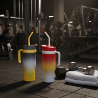 Bouteille d'eau sport 3-en-1 en caoutchouc de 40 oz à grande capacité, couleur dégradée, avec paille, écologique, compatible eau bouillante, pour le voyage