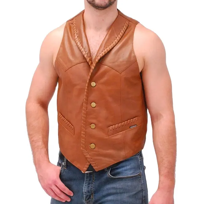 Men Cowboy Vest Light Brown Leather Biker Vest Motorcycle Motor Bike Vest