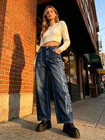 Fabricant OEM de jeans en denim, broderie personnalisée, coupe baggy à jambe large, taille à cordon, streetwear unisexe, denim délavé à la pierre