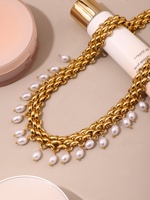 Parures de bijoux fantaisie en acier inoxydable, collier et bracelet multicouches faits à la main avec chaîne, coquillages et perles de riz pour femmes