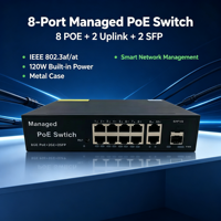 Conmutador PoE gestionado Gigabit de 8 puertos ANPA AP-3348GE con soporte QoS VLAN, apilable, capacidad de 22 Gbps, 2 SFP Uplink para cámaras IP