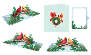 Tarjeta de felicitación 3D emergente con pájaros cardenales rojos de invierno en una rama de acebo, tarjetas navideñas Kirigami al por mayor - Product Image 5