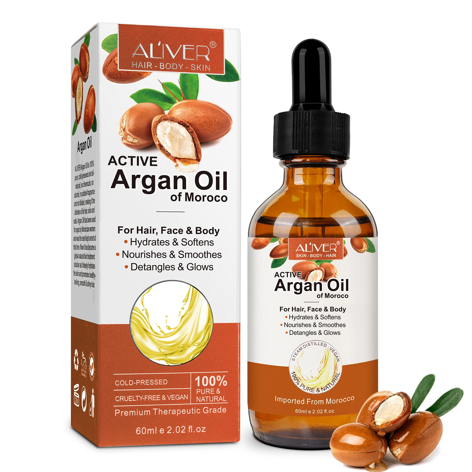 Aliver óleo essencial de massagem, óleo natural de argan para cuidados com a pele e hidratante, shampoo puro de queratina para cuidados com o cabelo