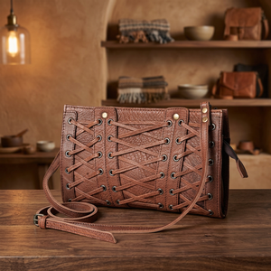 Bolso Bandolera de Cuero Genuino para Mujer, Decoración con Borlas, Estilo Bohemio, Patrón Geométrico, Accesorios de Latón, Correa para el Hombro - Product Image 1