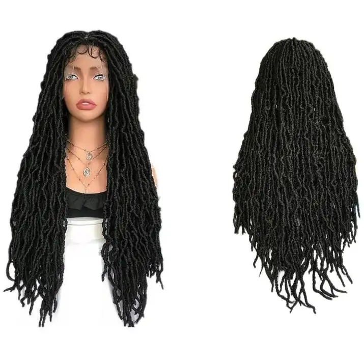 Natürliches Schwarz 1B # Überlegene Hochtemperatur-Kunstfaser Vor gezupfte Haaransatz Knoten lose Faux Locs 13x6 Front Lace Perücken