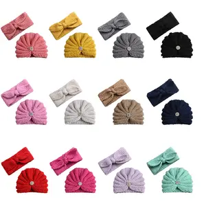 Newborn Baby Boys and Girls Winter Warm Hat Diamond Mounted Knitted Hat Wholesale Solid Color Hat 2 Piece