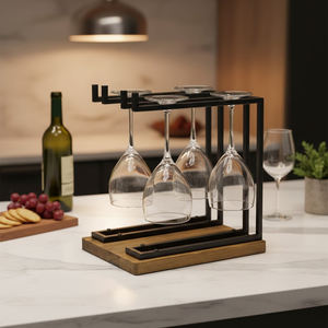 Support à <span class=keywords><strong>verres</strong></span> à vin industriel en métal pour comptoir, avec base en bois, support suspendu inversé pour décoration de bar à domicile - Product Image 5