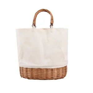 Summer hand woven single shoulder linen bag bamboo basket canvas rattan bag