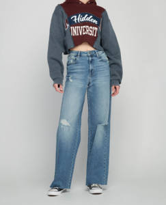 סיטונאי בינוני לשטוף מקרית נשים גבוהה מותן במצוקה למתוח גלם Hem בבאגי החבר רחב רגל ג 'ינס - Product Image 1