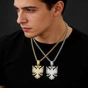 Collana con Pendente Bandiera Albanese Aquila in Acciaio Inossidabile Placcato Oro 18K con Zirconi e Cristalli - Product Image 5