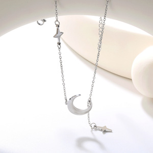 Moon And <b>Star</b> Pendant Necklace 18k Gold Plated Stainless Steel Geometric <b>Design</b> Daily Wear Clavicle Chain - Product Image 4