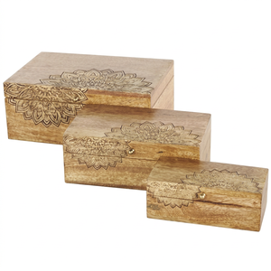 Boîte de rangement ovale en bois d'acacia massif, faite à la main, écologique, décorative, sculptée, gravée, finition élégante, pour la maison - Product Image 1