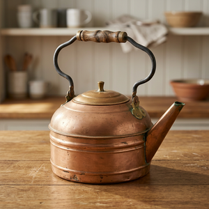 Bouilloire à thé vintage en laiton avec couvercle et poignée en bois, pot à eau au design métallique - Product Image 4