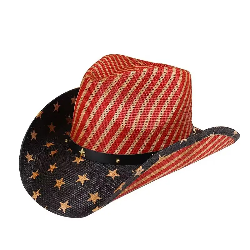 핫 세일 패션 미국 저렴한 대량 밀짚 카우보이 모자 줄무늬와 별 미국 카우보이 모자